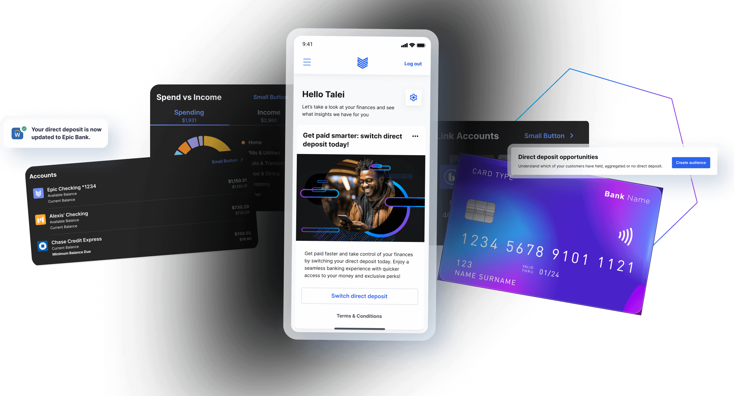 Growth dashboard showing deposits, cards, and insights