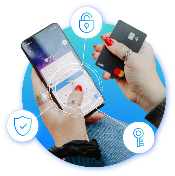 hand holding phone with security related icons popping out