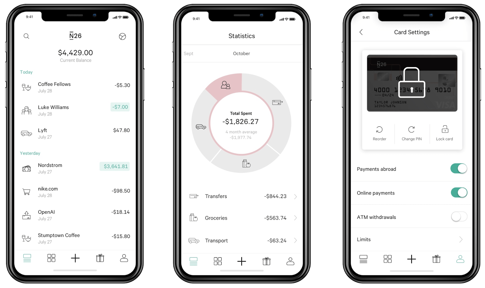 Viewing
transactions and card settings in N26.